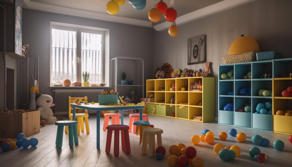 Czym jest Metoda Montessori? Jak ją stosować? Fun-colorful-playroom-with-toys-decorations-generated-by-ai